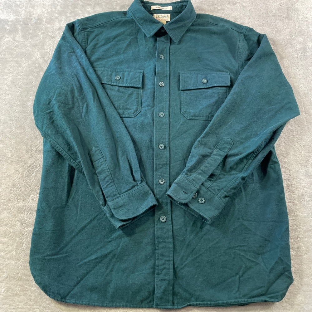 LL Bean Chamois Cloth Shirt Mens Large Green Traditional Fit Heavy Cotton Fall